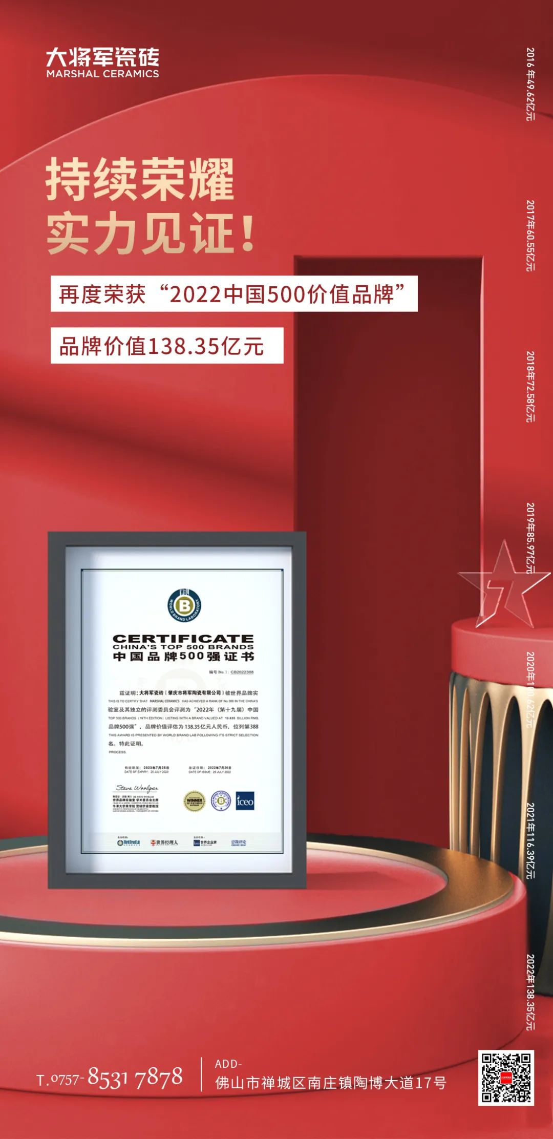 步履不停！138.35億元！大將軍瓷磚連續(xù)7年上榜中國500價(jià)值品牌！(圖3)